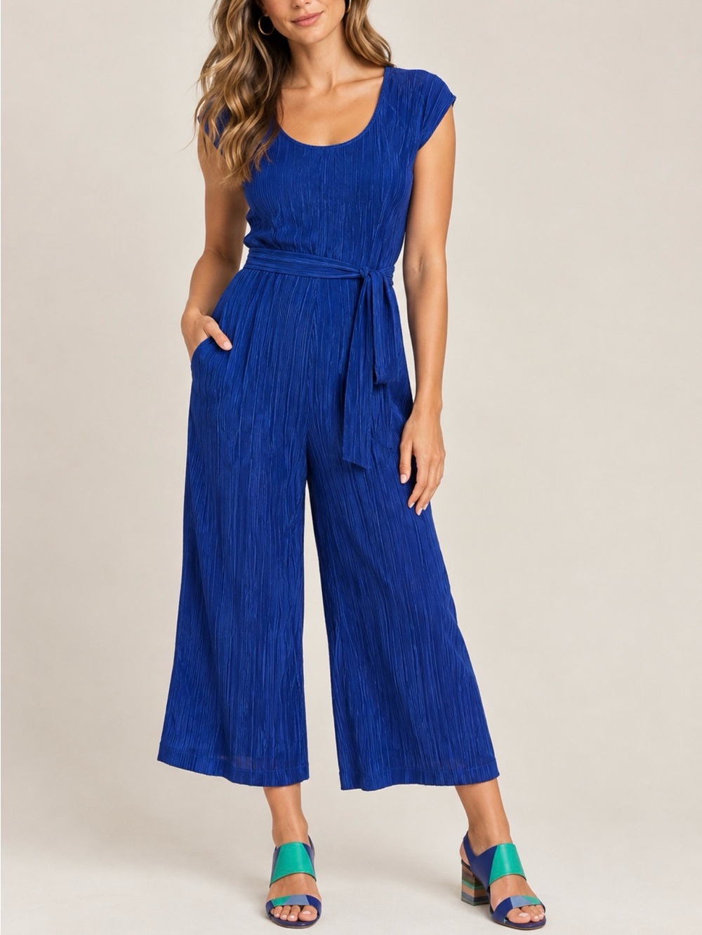 Anthropologie Cap-Sleeve Wide-Leg Jumpsuit in Cobalt Blue